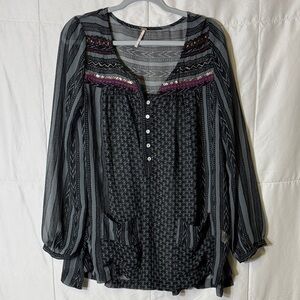 Free‎ People Sheer Boho Peasant Blouse Small Embroidered Button Front